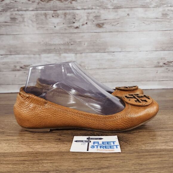 Tory Burch Reva Royal Tan Medallion Logo Leather Ballet Flats Women's Size 6 - Picture 1 of 11